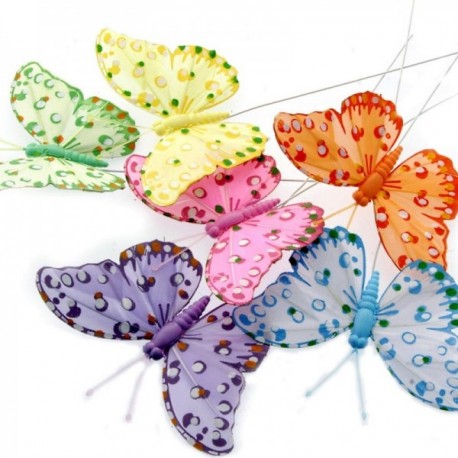 10cm Feather Butterflies - Lilac, Pink, Yellow, Green, Blue & Orange (12pcs per pk, on a 20cm wire)