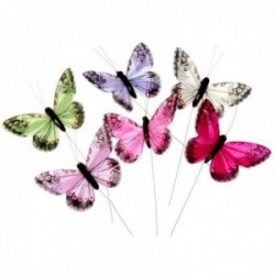 10cm Jewel Tone Feather Butterflies - Hot Pink, Purple, Cream, Green, Fuchsia and Pale Pink (12pcs per pk on a 20cm Wire)