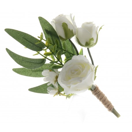 Triple Rose and Foliage Buttonhole - Green/White (21cm long, 3 pieces per pk)