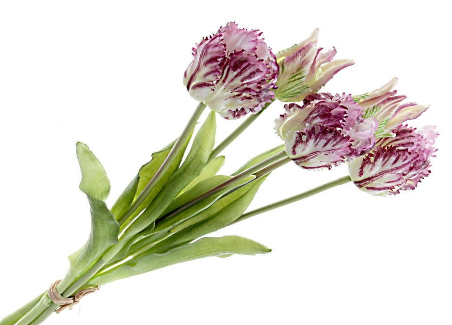 Real Touch Parrot Tulip Bundle - Purple/White/Green (5 stems, 40cm long)
