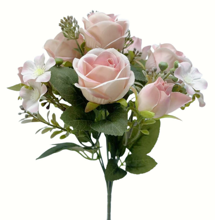 Rose and Bud Bush with Mixed Foliage - Light Pink (4 heads, 3 buds, 30cm long)