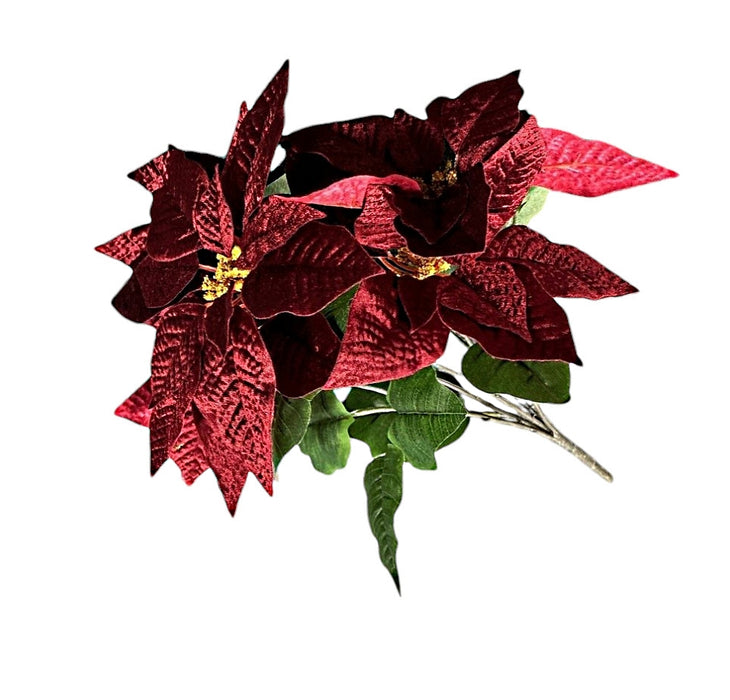 5 Headed Velvet Poinsettia Bush - Burgundy (50cm long with 25cm diameter heads)