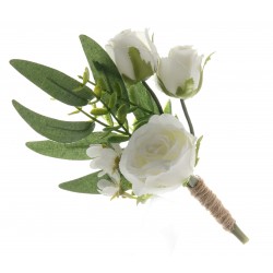 Triple Rose and Foliage Buttonhole - Green/White (21cm long, 6 pieces per pk)