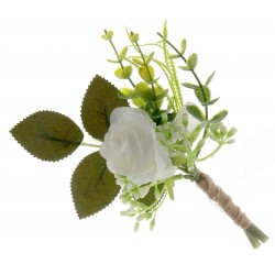 Single Rose and Foliage Buttonhole - Green/White (18cm long, 6 pieces per pk)