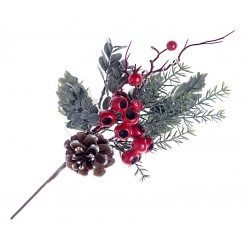 Red Berry, Pinecone and Holly Spray - Red/Green/Brown (39cm long)