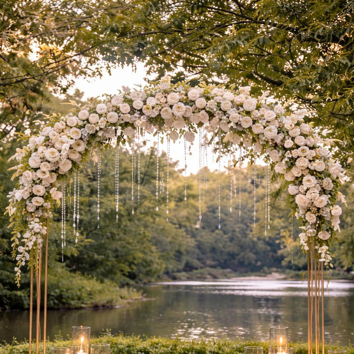Silver pedestals with white roses and candles for wedding venue styling