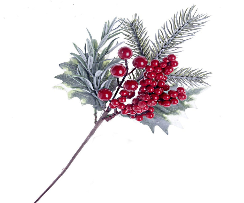 Holly Leaf and Berry Spray - Red/Green (29cm long)