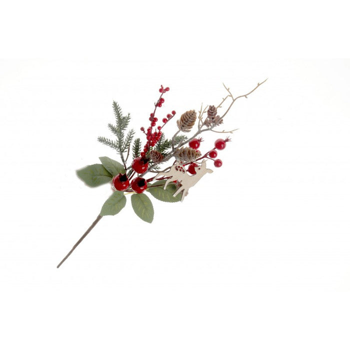 46cm Berry Branch with Foliage & Deer - Red/Green/Brown