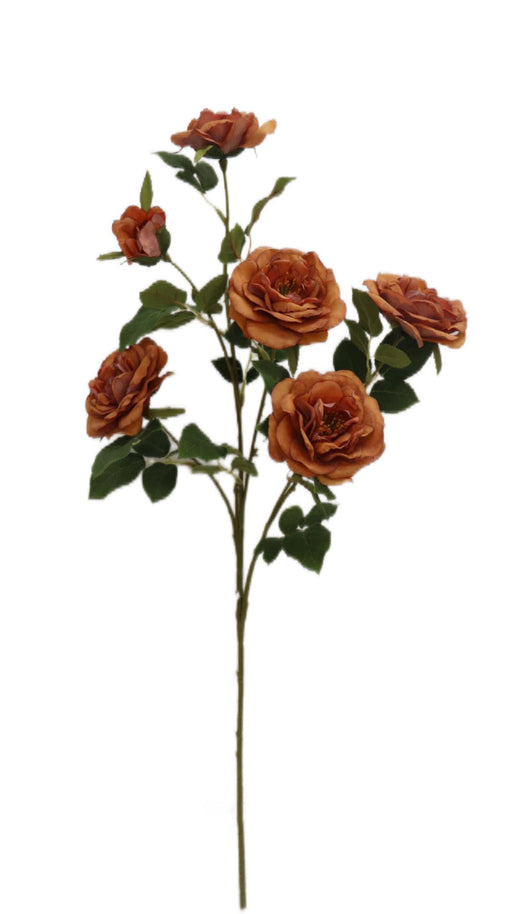 Artificial Open Rose Spray - Brown/Orange (69cm long with 6 heads)