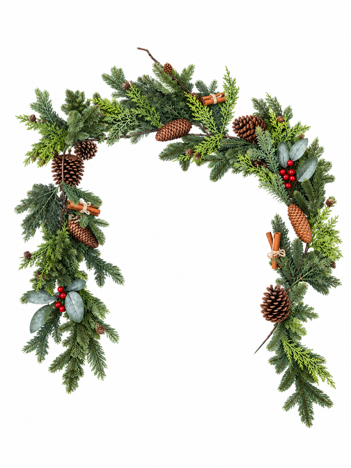 A festive Christmas garland made of green pine and fir branches, decorated with brown pinecones, small red berries, and cinnamon sticks, isolated on a white background.