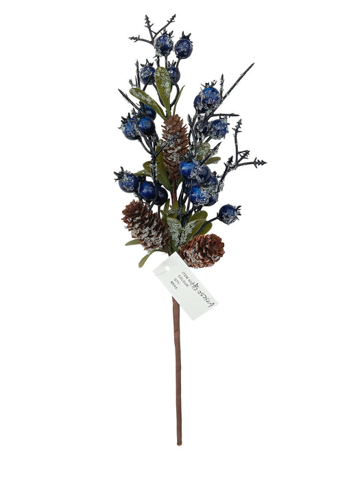Glittered Blueberry and Pine Cone Pick - Natural (35cm long)