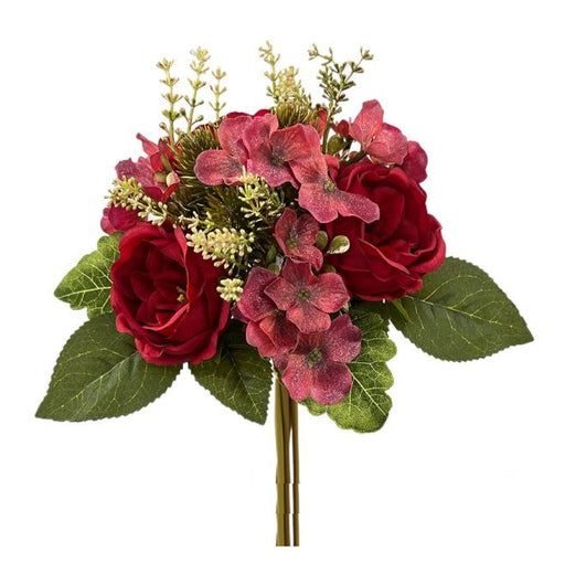 Rose and Glitter Hydrangea Bundle with Foliage - Red/Burgundy Mix (31cm long)