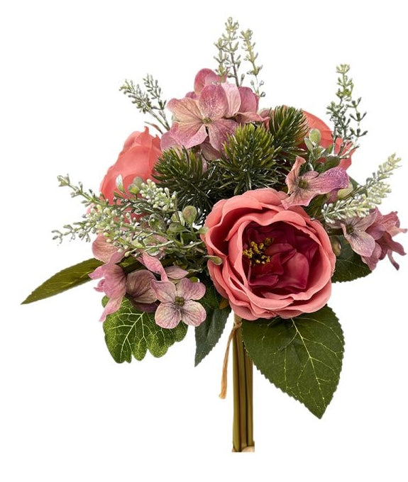 Rose and Glitter Hydrangea Bundle with Foliage - Ivory/Pink Mix (31cm long)