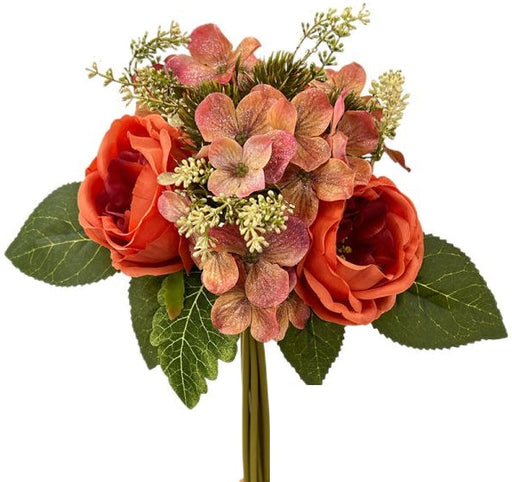 Rose and Glitter Hydrangea Bundle with Foliage - Orange Mix (31cm long)