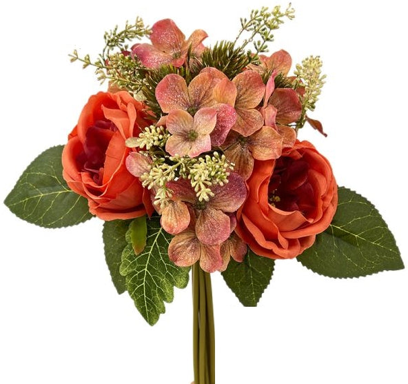 Rose and Glitter Hydrangea Bundle with Foliage - Orange Mix (31cm long)