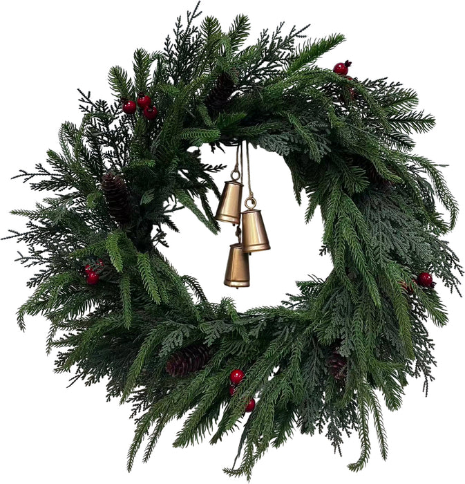 Highland Pine & Winterberry Wreath with Bells - Natural (60cm Diameter)