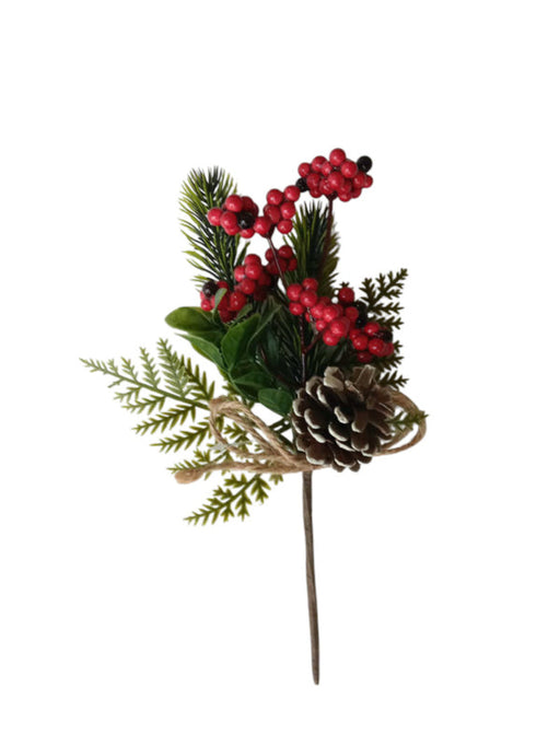 Pinecone and Red Berry Pick - Green, Red & Brown (25cm long)