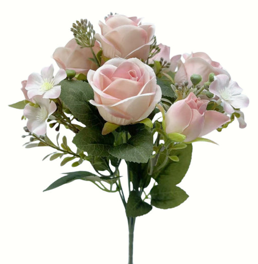 Rose and Bud Bush with Mixed Foliage - Light Pink (4 heads, 3 buds, 30cm long)