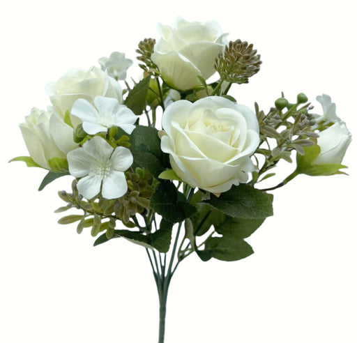 Rose and Bud Bush with Mixed Foliage - Ivory (4 heads, 3 buds, 30cm long)