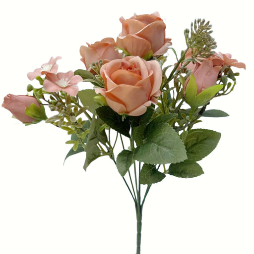 Rose and Bud Bush with Mixed Foliage - Peach (4 heads, 3 buds, 30cm long)