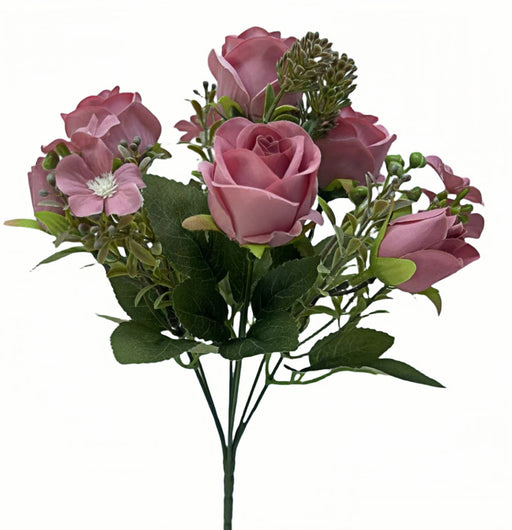 Rose and Bud Bush with Mixed Foliage - Dusky Pink (4 heads, 3 buds, 30cm long)