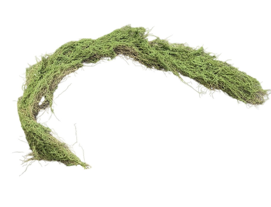 Thick mossed garland in green and brown tones, 180cm length, shown for woodland display