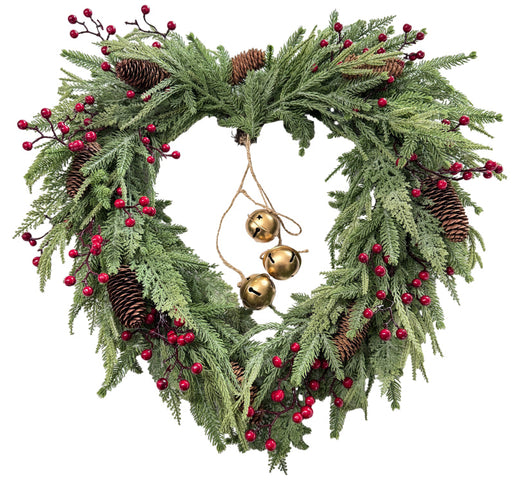 Winterberry Pine Heart Wreath with Bells - Natural (60cm diameter)