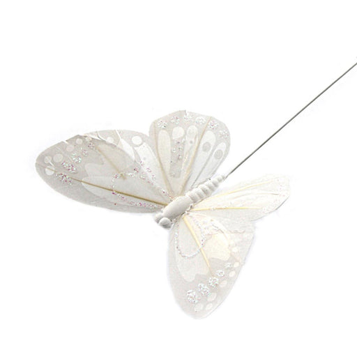 7cm Glitter Butterflies - White (12pcs per pk, on a 20cm wire)