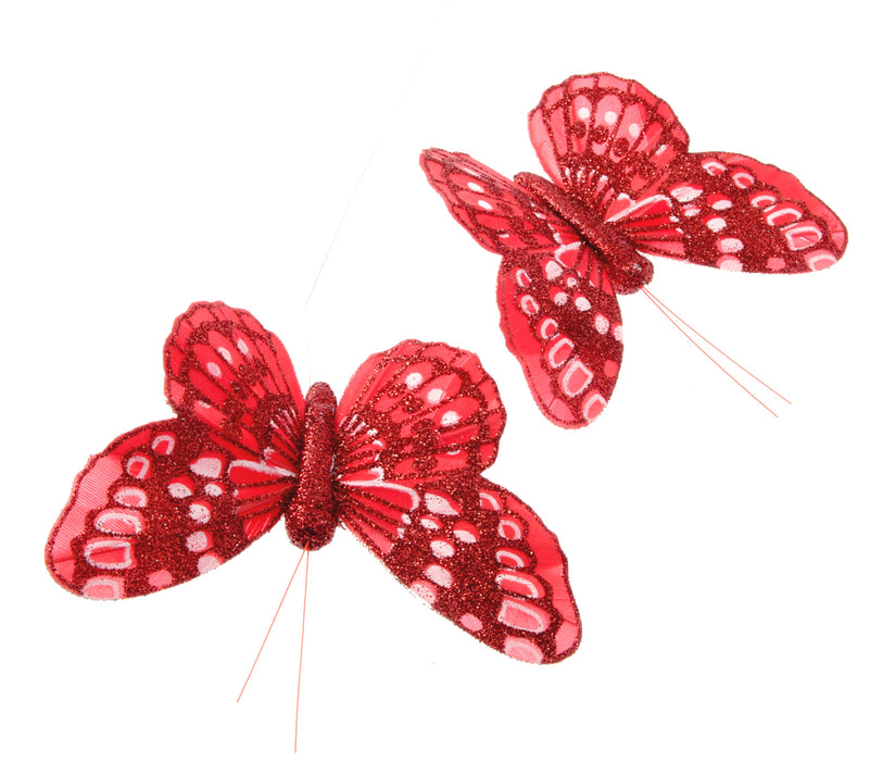 7cm Glitter Butterflies - Red (12pcs per pk, on a 20cm Wire)