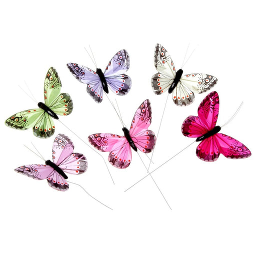 7cm Jewel Tone Feather Butterflies - Hot Pink, Purple, Cream, Green, Fuchsia and Pale Pink (12pcs per pk on a 20cm Wire)