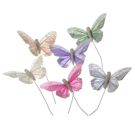 10cm Pastel Sparkle Feather Butterflies - Peach, Green, Grey, Lilac, White & Pink (12pcs per pk on a 20cm wire)