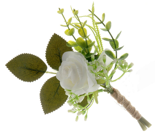 Single Rose and Foliage Buttonhole - Green/White (18cm long, 6 pieces per pk)