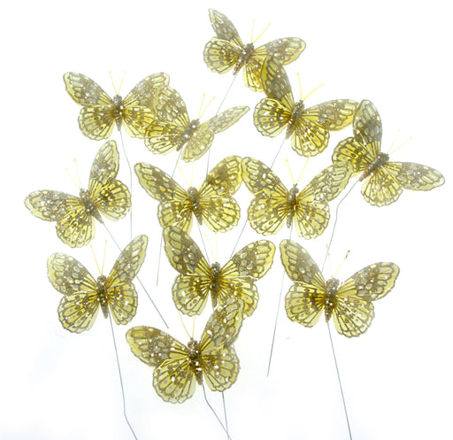 7cm Glitter Butterflies - Yellow (12pcs per pk, on a 20cm Wire)