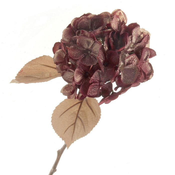 Glittered Single Hydrangea - Burgundy (45cm long, 18cm diameter)