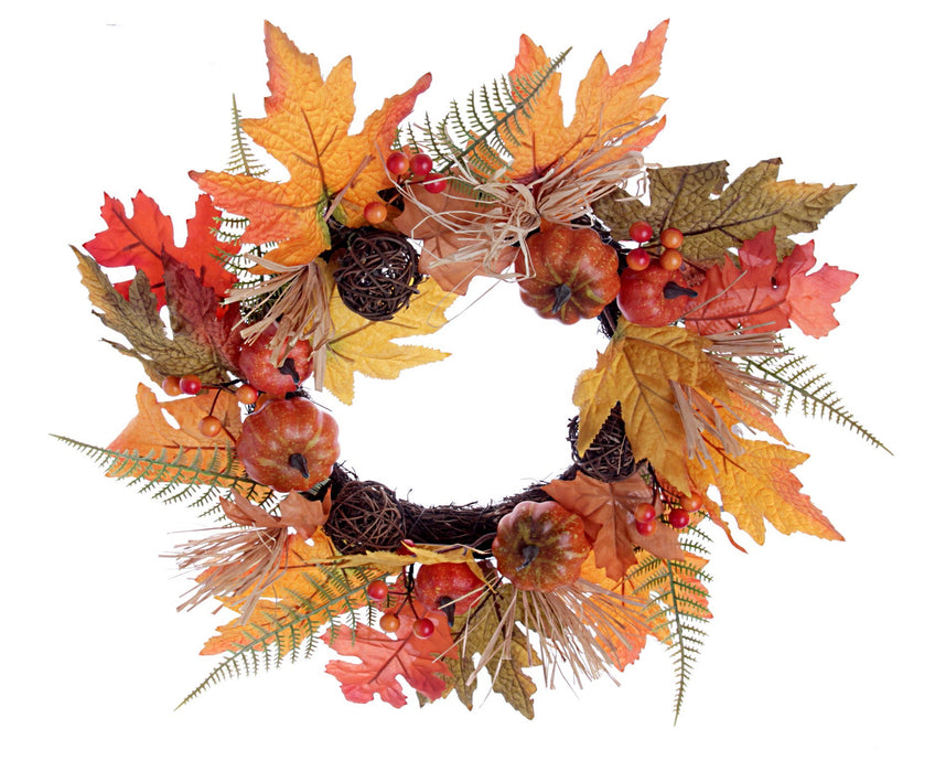 Maple Leaf & Pumpkin Autumn Wreath - Orange/Green/Brown (45cm diameter)