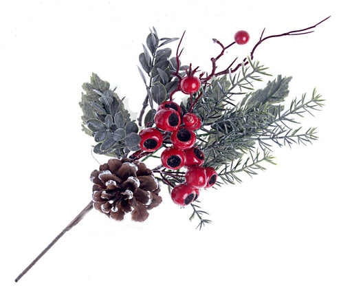 Red Berry, Pinecone and Holly Spray - Red/Green/Brown (39cm long)