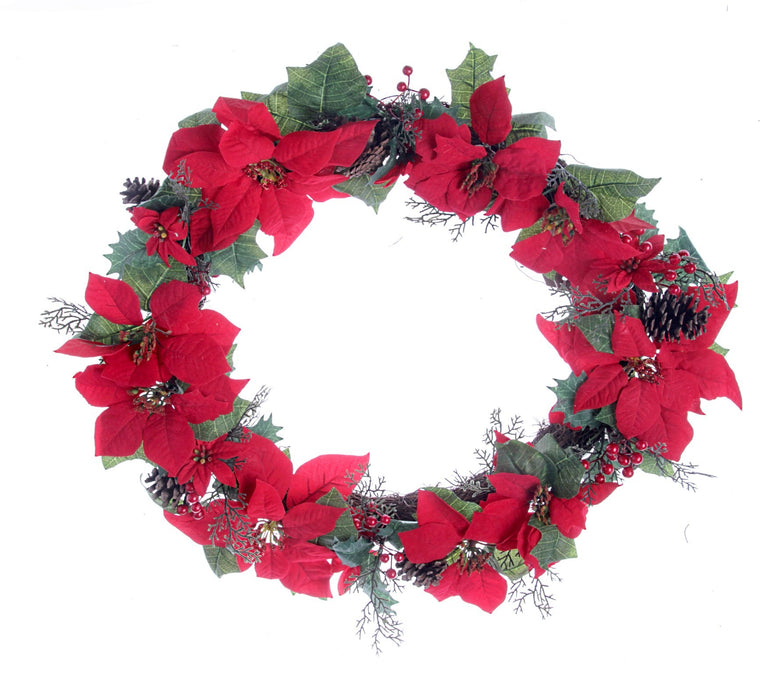 Poinsettia & Pinecone Wreath - Green/Red/Brown (60cm diameter)